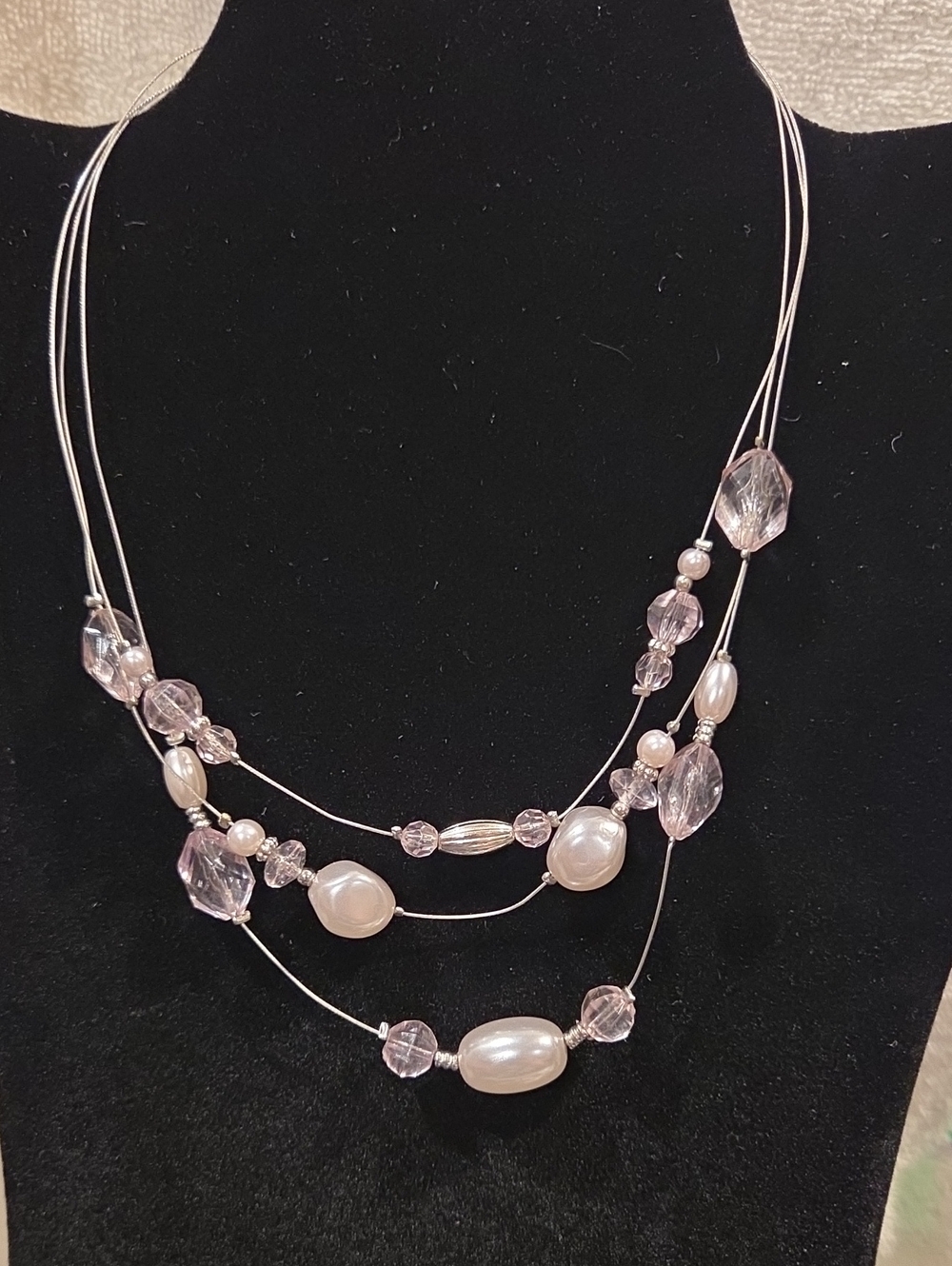 BEADED NECKLACE WITH FAUX PEARL LIKE BEADS, SILVER BEADS, FACETED FAUX CRYSTALS